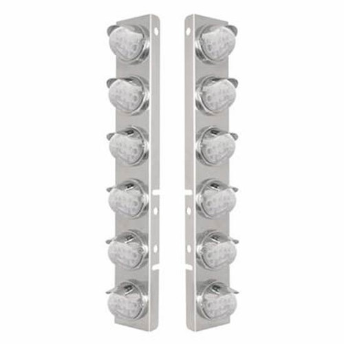 SS Front Air Cleaner Bracket W/ 12X 17 LED Reflector Watermelon Lights & SS Visors - Amber Led/ Clear Lens - Pair For Peterbilt 378, 379