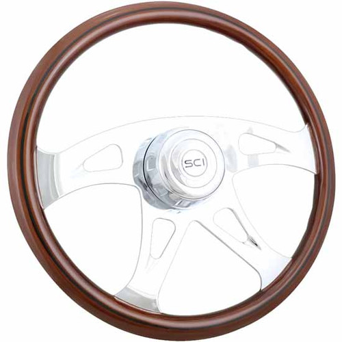18 Inch Milestone Steering Wheel - 4 Spokes, Mahogany Wood/Black Leather Rim For 3 Hole Hub