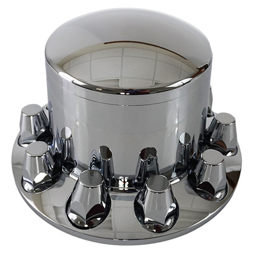 Premium Chrome Top Hat Axle Cover With Removable Center Cap & 10 Lug Nuts For Most 20, 22.5 & 24.5 inch Wheels