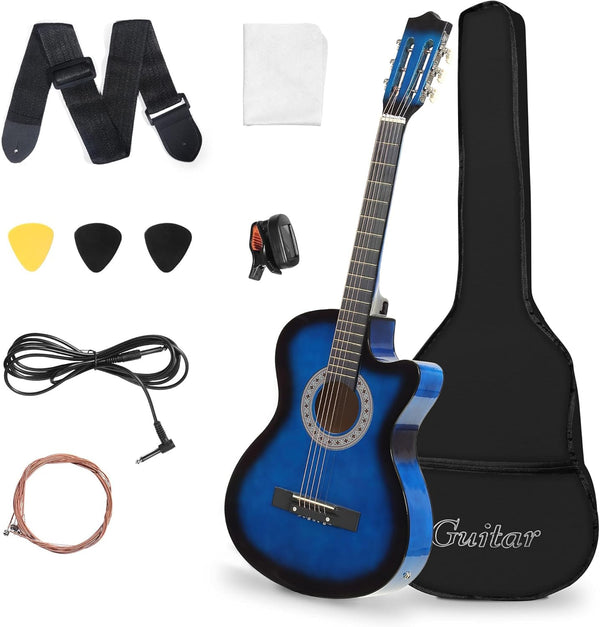 38" Acoustic Electric Guitar All wood Cutaway Beginner Guitar Package with 4-Band EQ Case, Strap, Picks, Tune