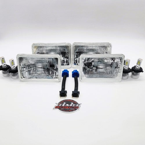 RMS3323H215K - 4x6 (Gen2) Small Square 4 Eyed Fox Body Headlight Conversion Kit with 15,000 LM H4 LED Bulbs, Harness Adapters, & H2 LED Bulbs For The Marchal Fogs