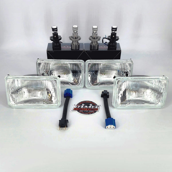 RMS3305PRO - 4x6 (Gen3) Small Square Headlight Conversion Kit with 10,000 LM H4 Mini Projector LED Bulbs & Harness Adapters