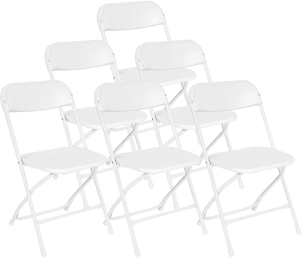 6 Pack White Plastic Foldable Chairs Party Chairs with Steel Frame, Support Up to 650 lbs