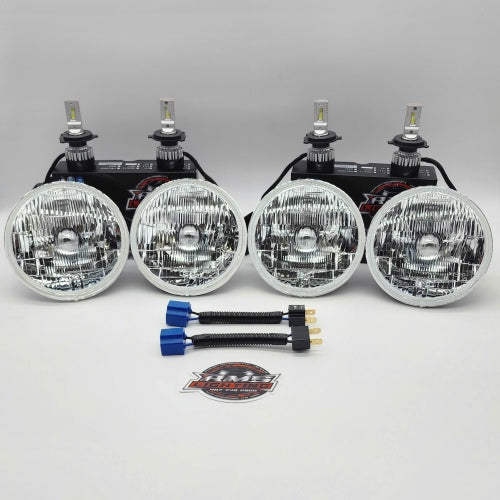 RMS3301GL82 - 5.75 (Gen1) Small Round Headlight Conversion Kit with 30,000 LM H4 LED Bulbs & Harness Adapters