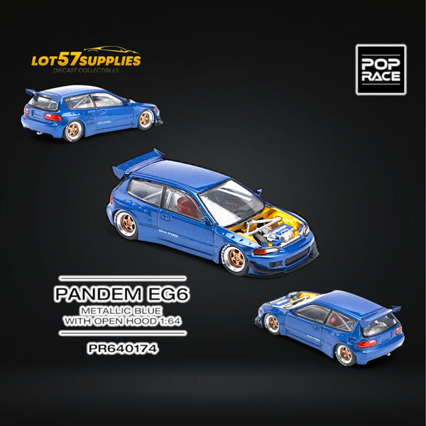 (Pre-Order) Pop Race Pandem Civic EG6 Metallic Blue w/ Openable hood 1:64