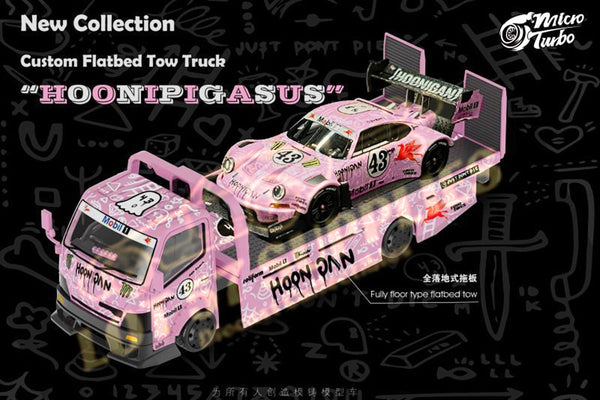 MicroTurbo HINO 300 Custom Flatbed Truck in Pink "Hoonipigasus" 1:64 *Pink Porsche NOT Included*