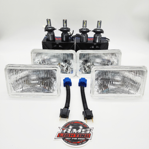 RMS3323M2S - 4x6 (Gen2) Small Square Headlight Conversion Kit with 10,000 LM H4 LED Bulbs & Harness Adapters