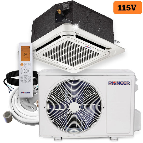 Pioneer 9,000 BTU 20 SEER 115V SEER 8-Way Compact Cassette Mini-Split Air Conditioner Heat Pump System Full Set