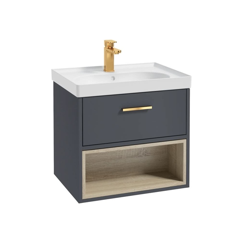 Sonas Malm 60Cm Single Drawer, Open Shelf Unit, Matt Night Sky Blue, Brushed Gold Handle, Matt Basin | GMAL60NBMB